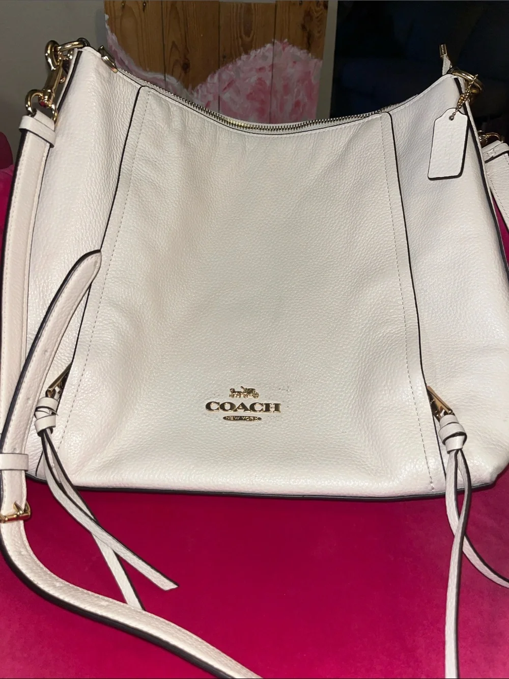 Coach Pebble Leather Marlon Shoulder Bag in White/Cream with Gold Hardware